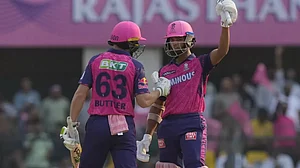 Jaiswal celebrates his half-century against DC in Guwahati on Saturday.