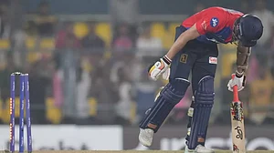 Anrich Nortje reacts after being bowled by Sandeep Sharma in Guwahati on Saturday.