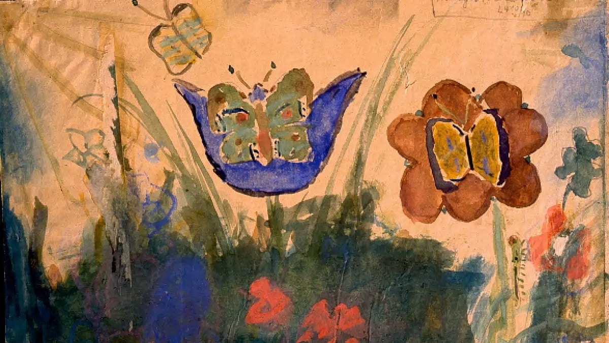 15,000 children passed through the Terezin concentration camp and most of them died in the extermination camp at Auschwitz in 1944, They are chiefly remembered by the thousands of drawings and poems they made whilst at Terezin. 'Flowers and Butterfly' by Margit Koretzova (8.4.1933 4.10.1944). Czech Republic. Jewish. 1940's