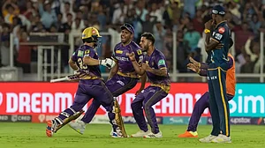 Rinku Singh celebrates with his team-mates after scoring the winning runs in Ahmedabad on Sunday.