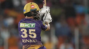 Rinku Singh bats against Gujarat Giants in Ahmedabad on Sunday.