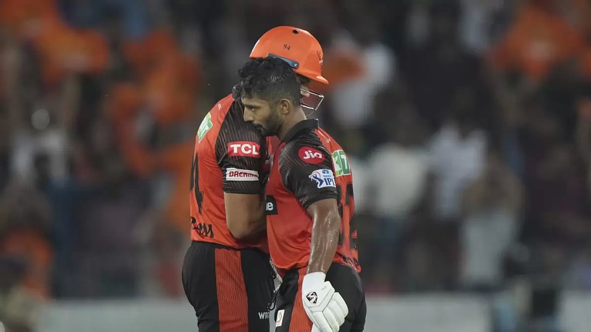 Tripathi is congratulated by Markram upon reaching his fifty in Hyderabad on Sunday.