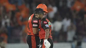 Tripathi is congratulated by Markram upon reaching his fifty in Hyderabad on Sunday.