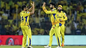 Jadeja and Deshpande celebrate the wicket of Sanju Samson in Chennai on Wednesday.