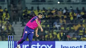 Ashwin bowls during RR's match against CSK in Chennai on Wednesday.