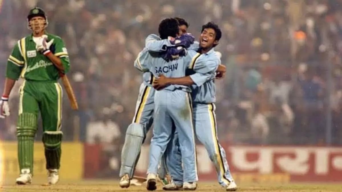 Tendulkar celebrates India's victory in the 1993 Hero Cup semi-finals against South Africa.