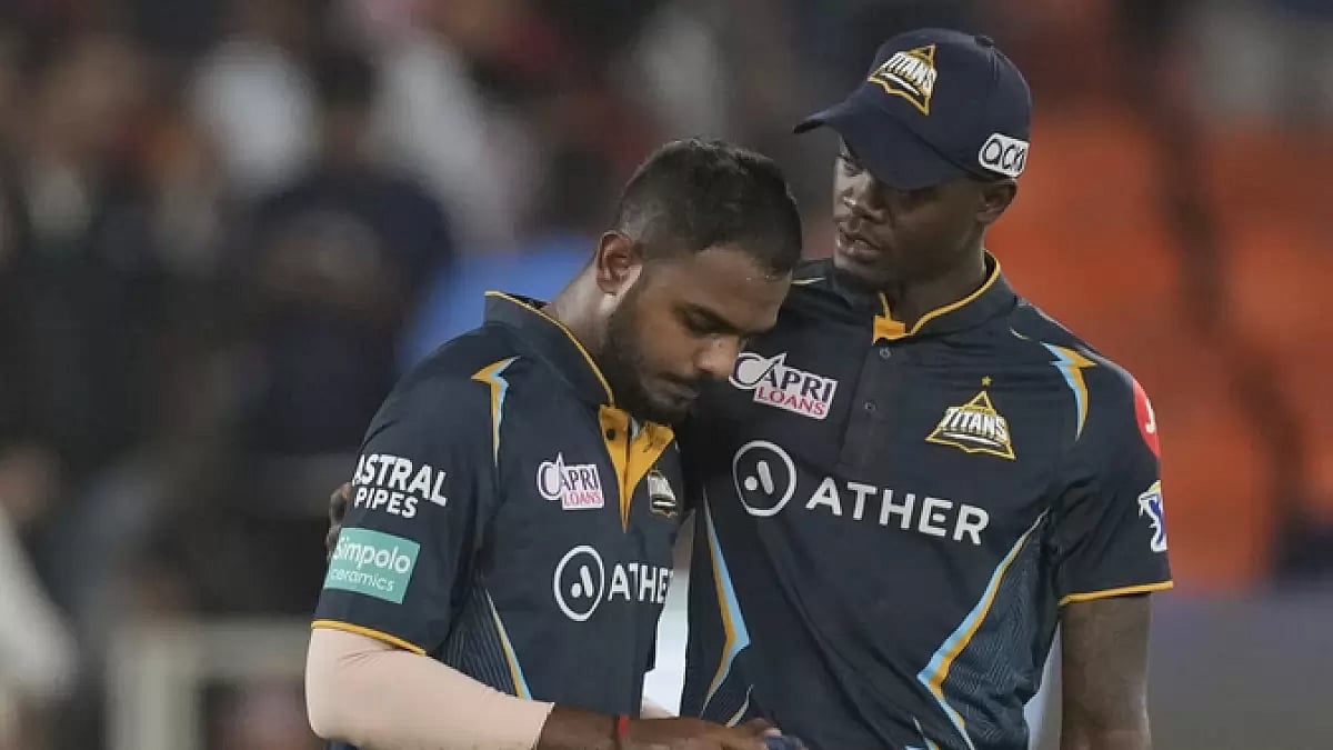 Dayal is consoled by Alzarri Joseph after GT's loss against KKR on Sunday.