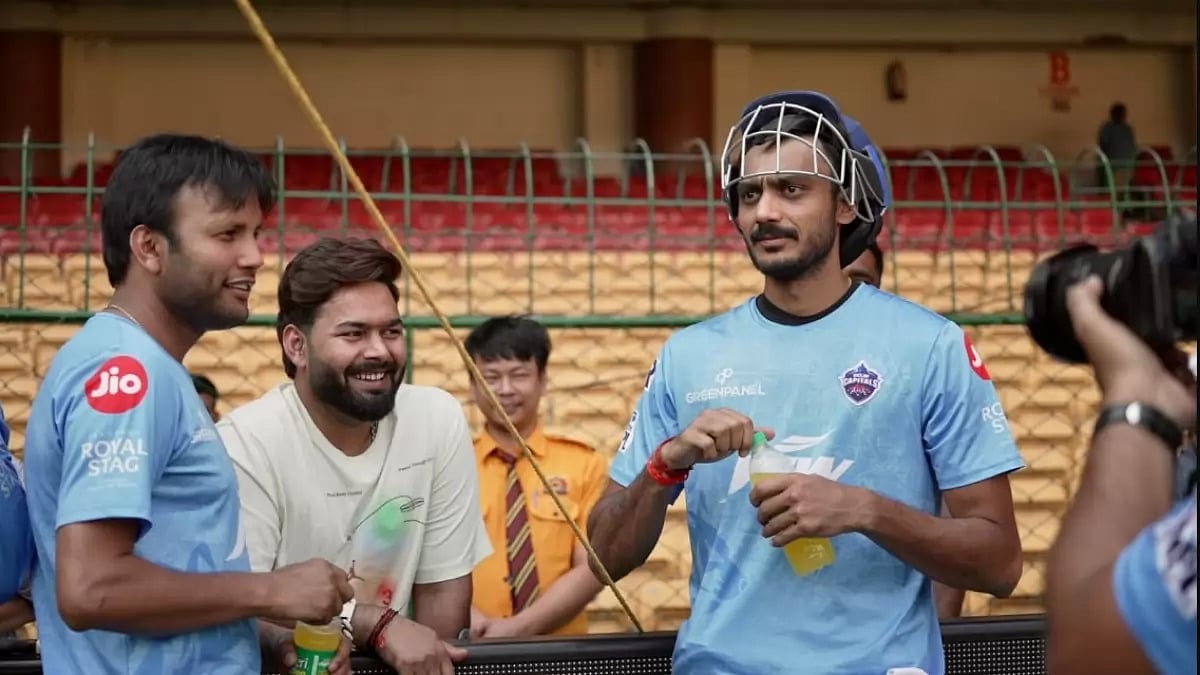 Pant, second left, pictured with his DC team-mates at the NCA in Bengaluru.