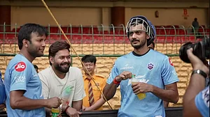 Pant, second left, pictured with his DC team-mates at the NCA in Bengaluru.