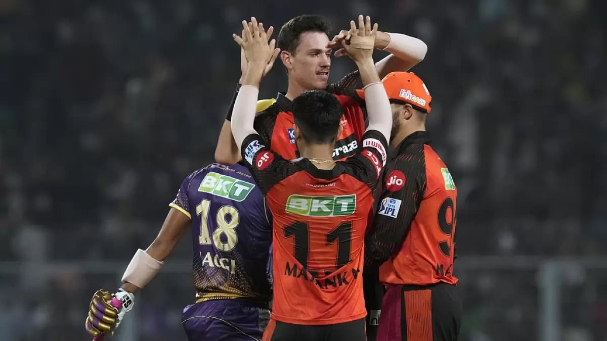 SRH players celebrate the wicket of Venkatesh Iyer in Kolkata on Friday.