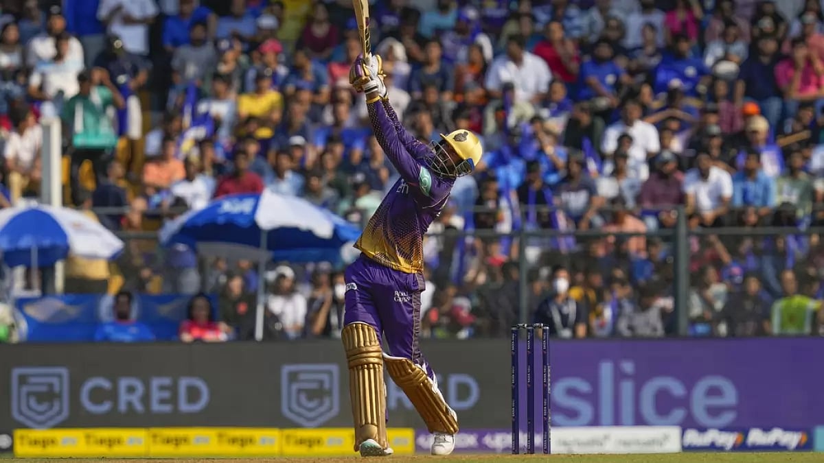 Venkatesh Iyer bats during his century inning against MI in Mumbai on Sunday.