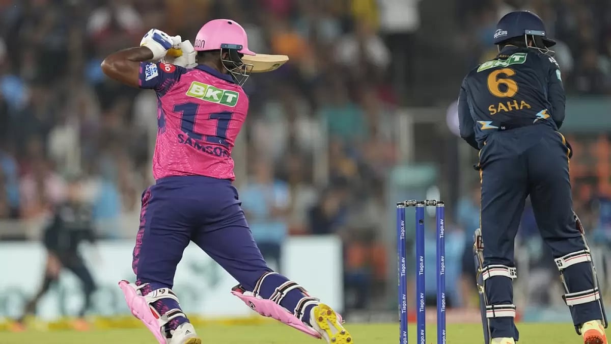 Samson plays a shot through the off-side against GT in Ahmedabad on Sunday.