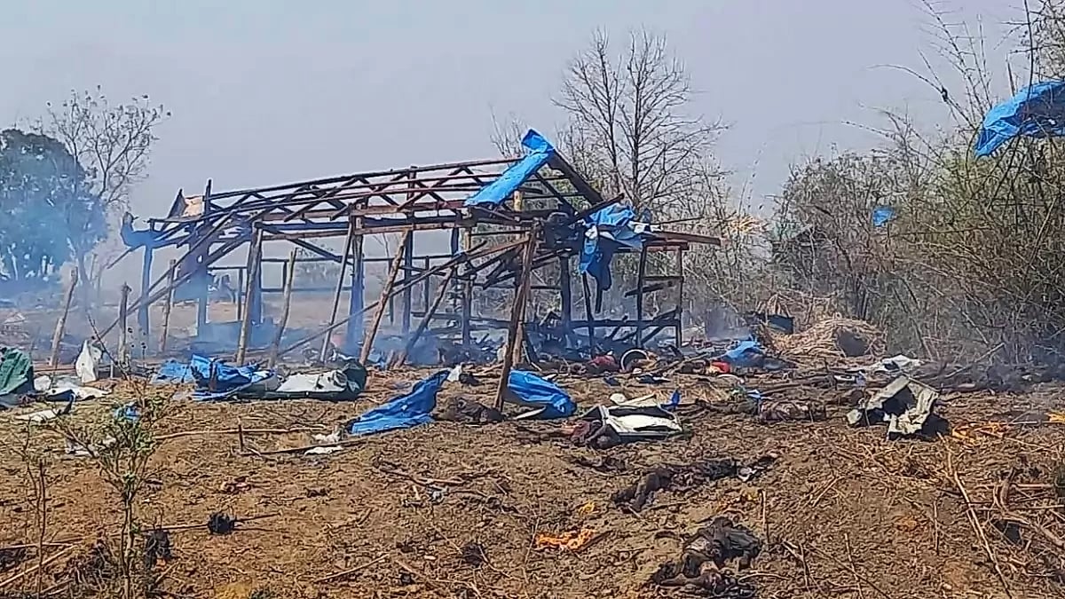 This photo provided by the Kyunhla Activists Group shows aftermath of an airstrike in Pazigyi village in Sagaing Region's Kanbalu Township, Myanmar, Tuesday, April 11, 2023.