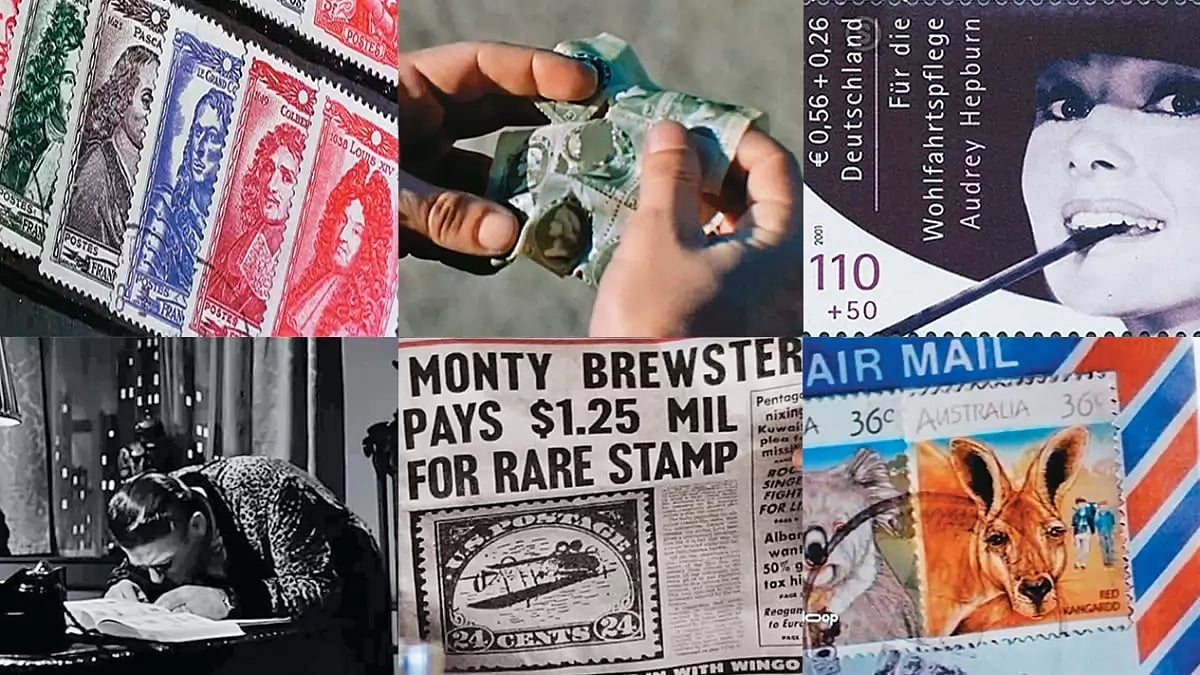 (Clockwise from top right) Screengrabs from Charade and Nueve Reinas; the 2001 Deutsche Post stamp of Audrey Hepburn; screengrabs from Tommy Tricker and the Stamp Traveller,  Brewster’s Millions and Barbados Quest 