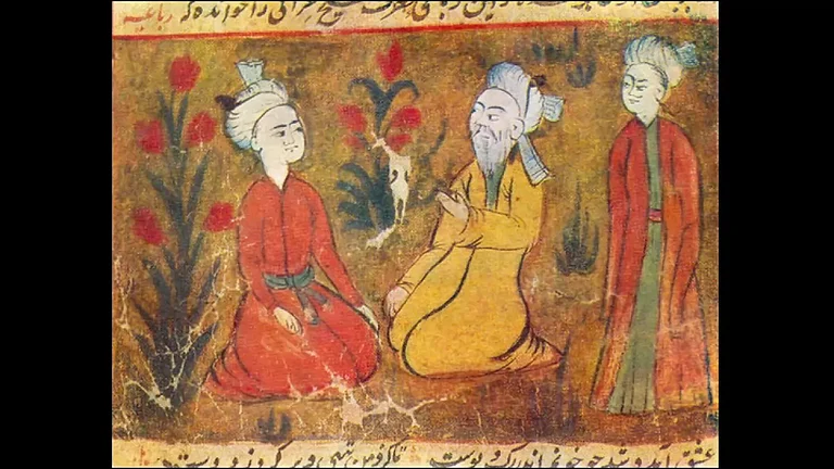 Amir Khusrow teaching his disciples in a miniature from a manuscript of Majlis al-Ushshaq  - null