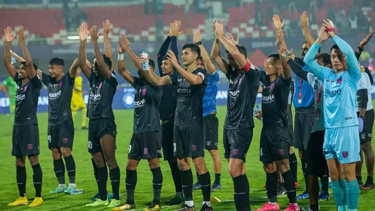Odisha FC players celebrate their team's win in the Super Cup semi-final on Friday.