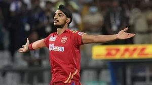 Arshdeep celebrates the wicket of Nehal Wadhera in Mumbai on Saturday.