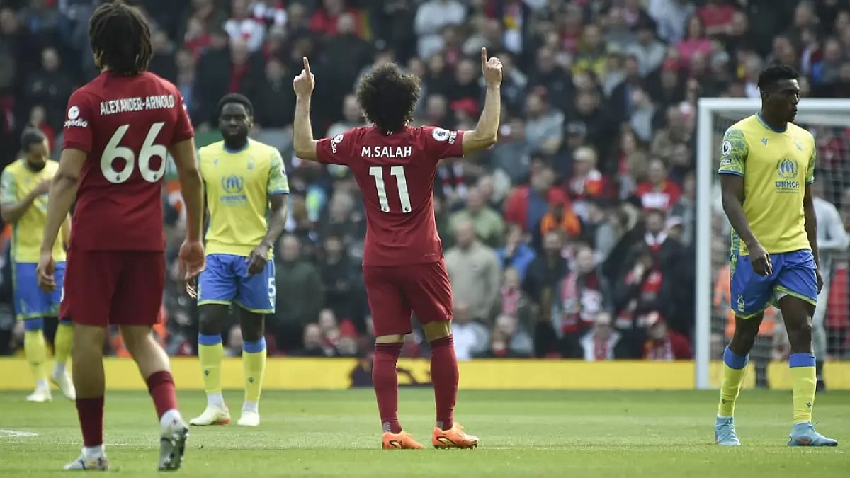 Salah celebrates after scoring Liverpool's winner against Forest at Anfield on Saturday.