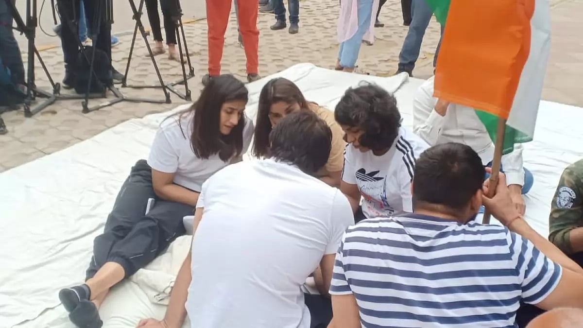 Indian wrestlers pictured at the protest site in Jantar Mantar, New Delhi.
