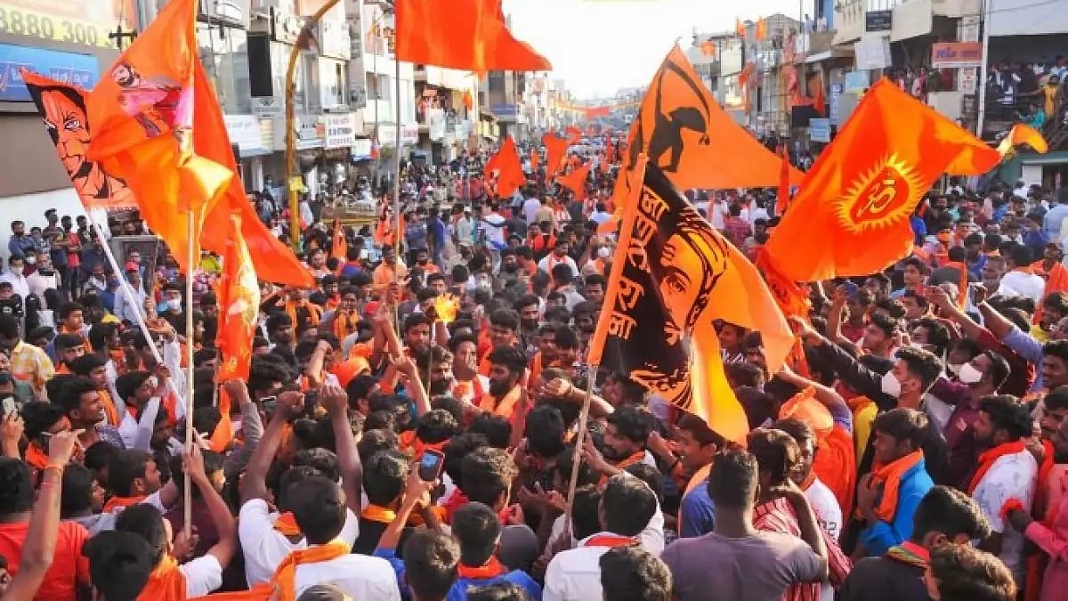 Supporters seen with Vishwa Hindu Parishad (VHP) flag