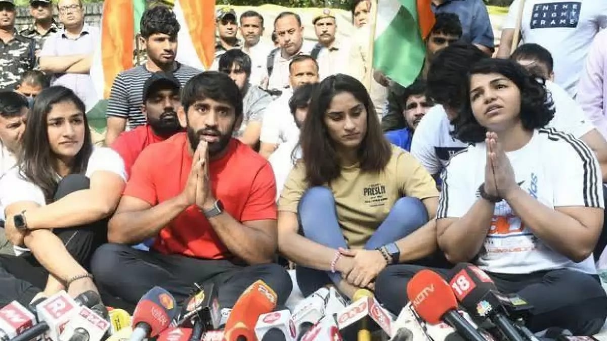 Indian wrestlers pictured after resuming their protest in Jantar Mantar, New Delhi.