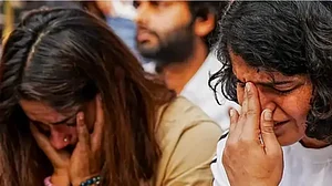 Vinesh Phogat, left, and Sakshi Malik pictured at the protest in Jantar Mantar, New Delhi.