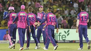 RR players celebrate the wicket of Devon Conway in Jaipur on Thursday.