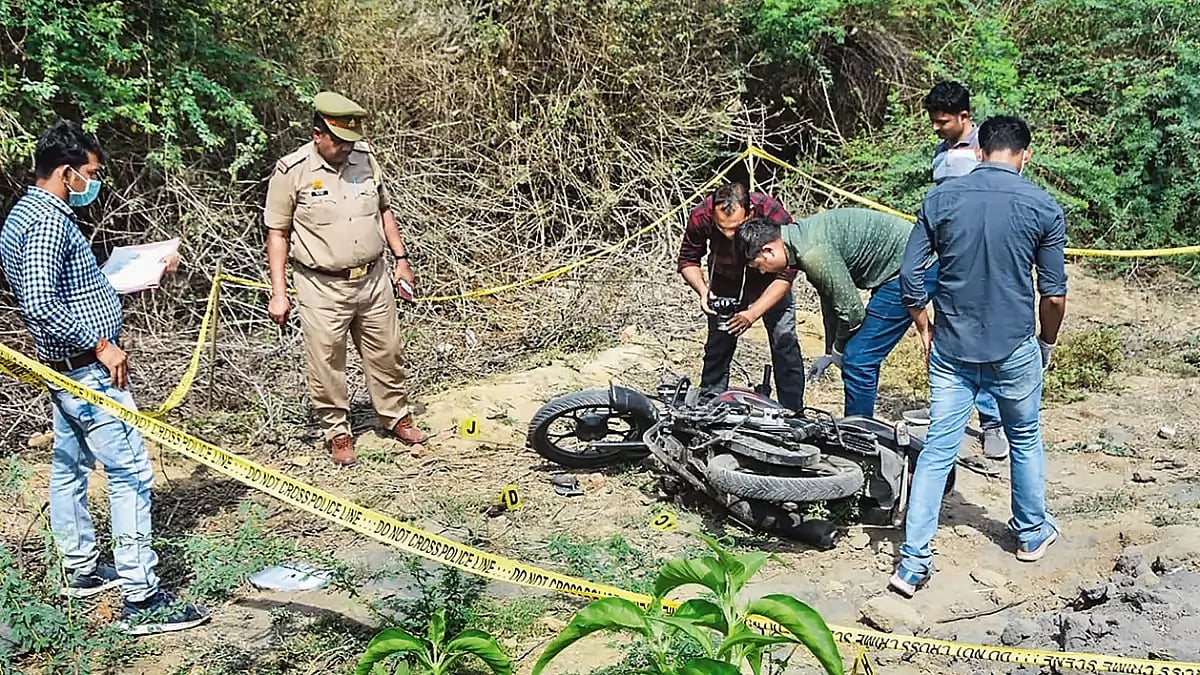 Crime Scene: Police personnel at the site where Atiq Ahmed’s son Asad was killed in an encounter in 