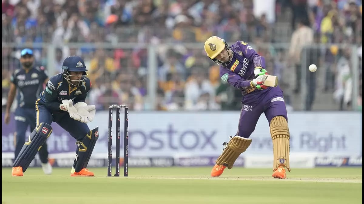 PTI : Gurbaz plays a shot during his fiery innings against GT in Kolkata on Saturday.