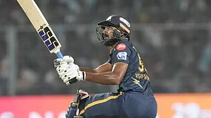 Vijay Shankar hits a six during his 24-ball 51 against KKR on Saturday.