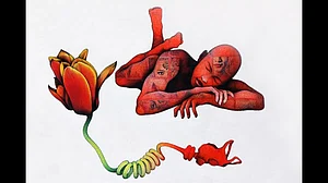 Image 27-001: Panel 3 from 'All the Flowers Have Turned Red', 2017/Acrylic, glue, collage and pen and ink on paper/ 11x56 inches