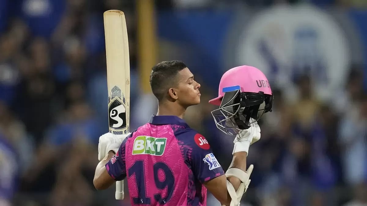 Jaiswal celebrates after reaching his century against MI in Mumbai on Sunday.