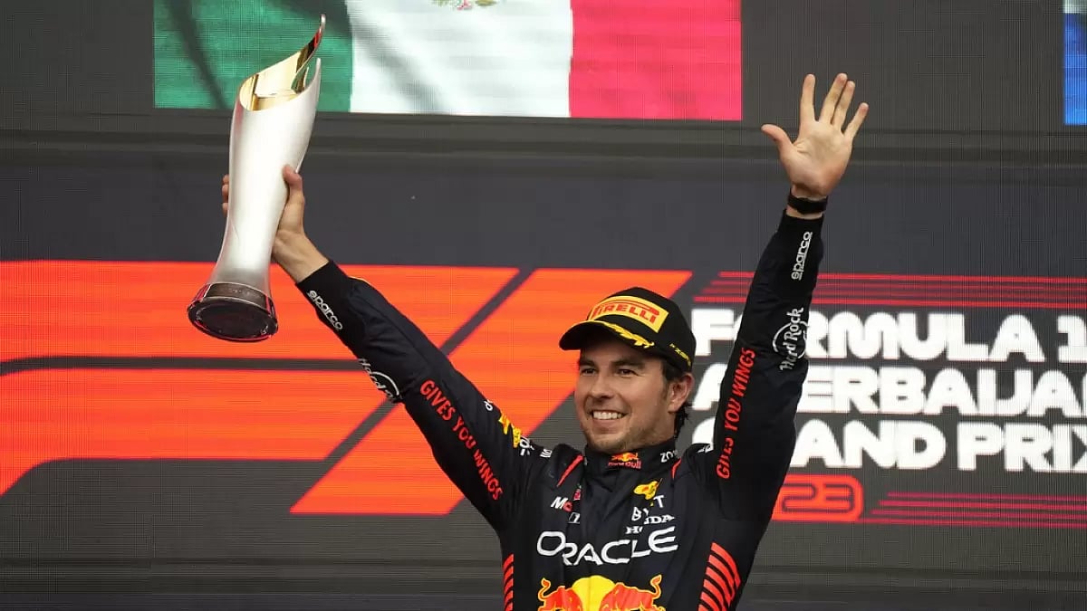 Serio Perez celebrates his Azerbaijan GP win on Sunday.