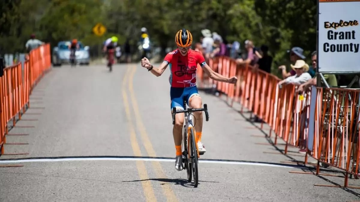 Killips celebrates her victory at the Tour of the Gila on Sunday.