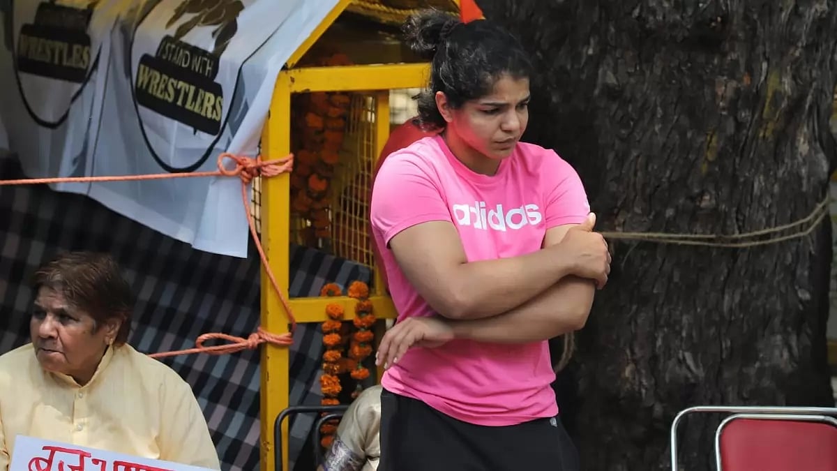 Sakshi Malik pictured at the protest site in Jantar Mantar, New Delhi.
