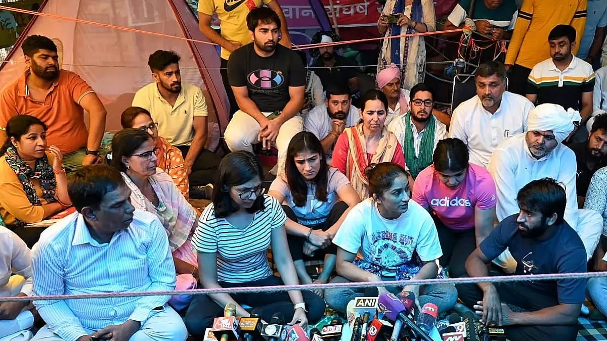 Protesting wrestlers during a press conference at Jantar Mantar