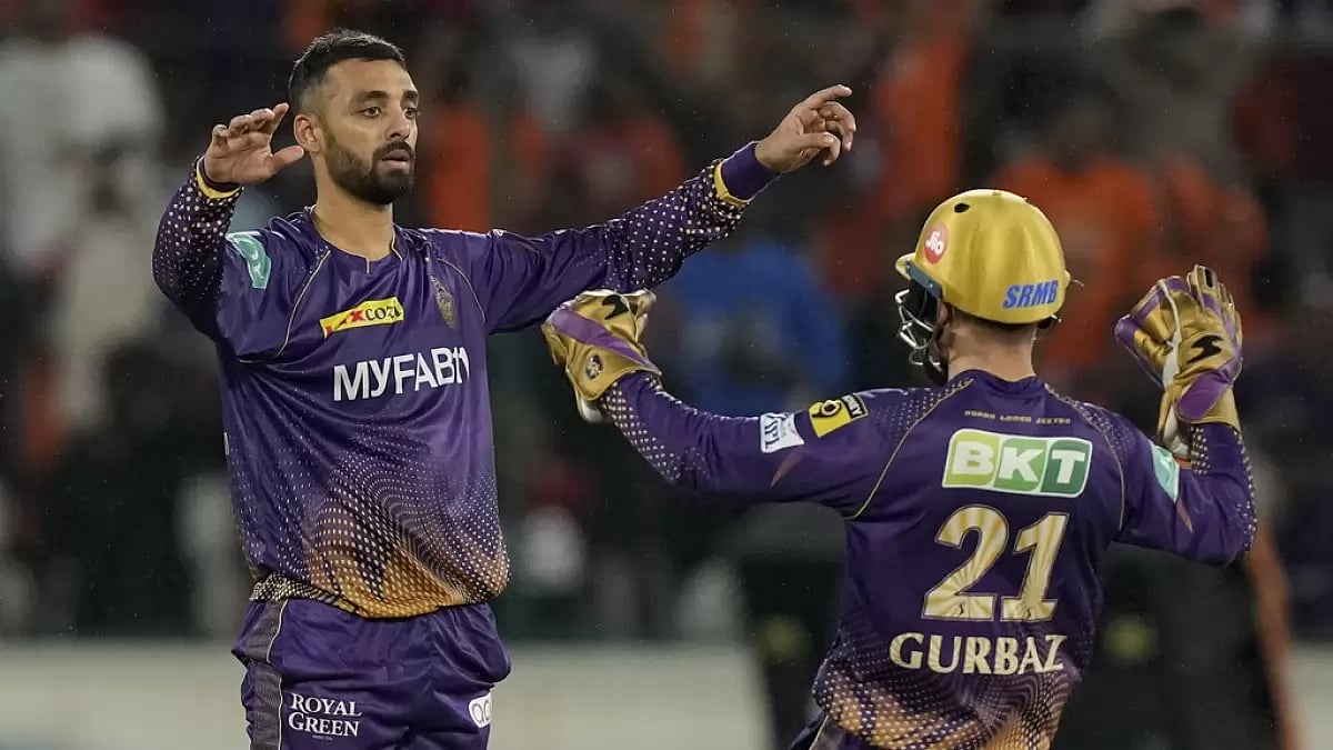 Chakravarthy celebrates the wicket of SRH batter Abdul Samad in Hyderabad on Thursday.