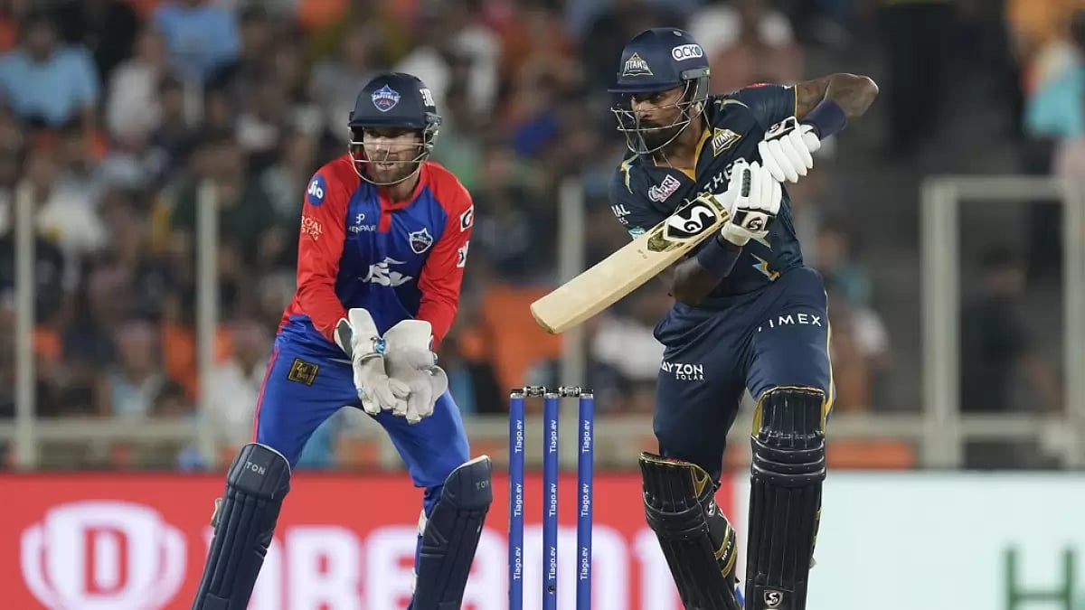 Pandya bats en route to his unbeaten 59 during GT's loss against DC on Tuesday.