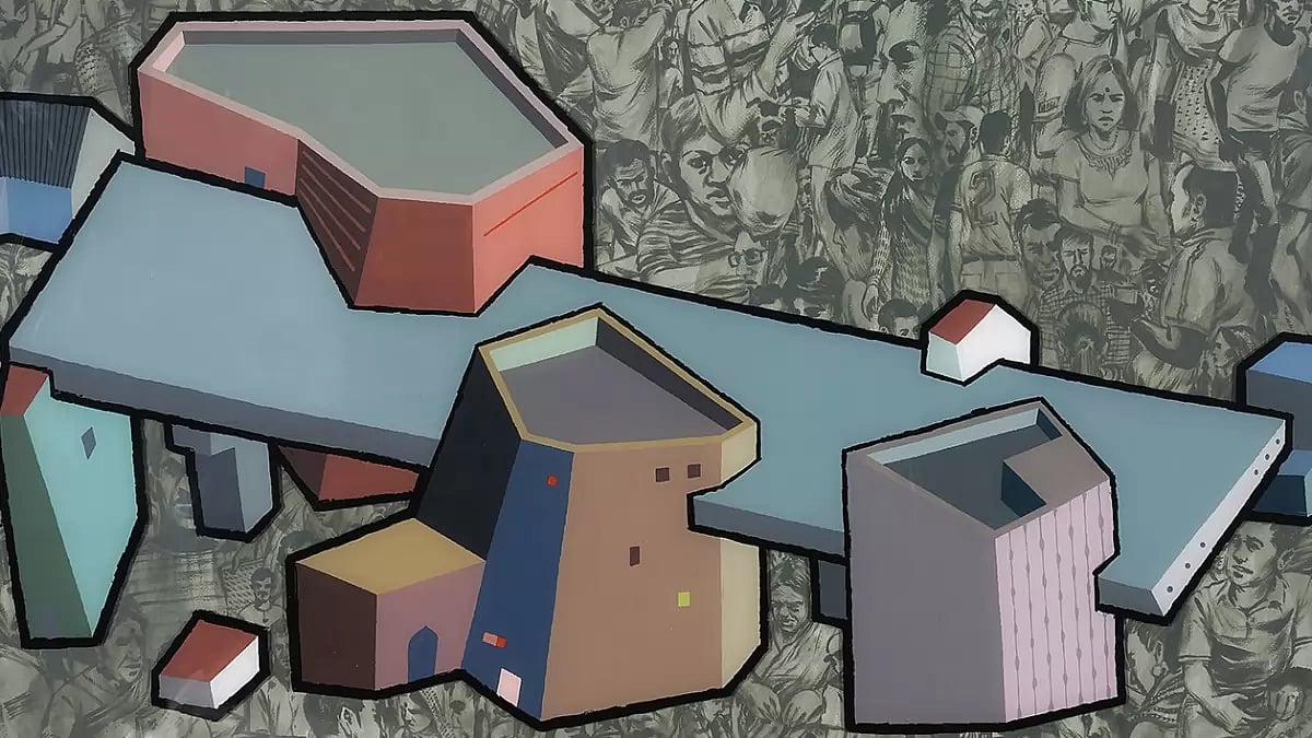 Dense City: Elevated Corridor, 2022 Artwork by Sameer Kulavoor, acrylic paints and solid markers on acrylic sheet and pressed paper