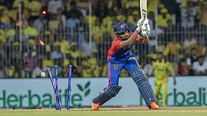 Lalit Yadav is bowled by CSK's Pathirana in Chennai on Wednesday.