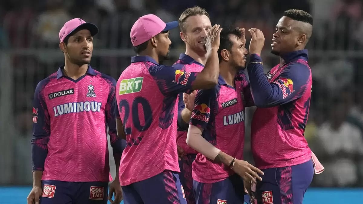 Chahal is congratulated by his RR team-mates after dismissing Nitish Rana on Thursday.