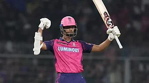 Jaiswal celebrates after reaching his fifty against KKR in Kolkata on Thursday.