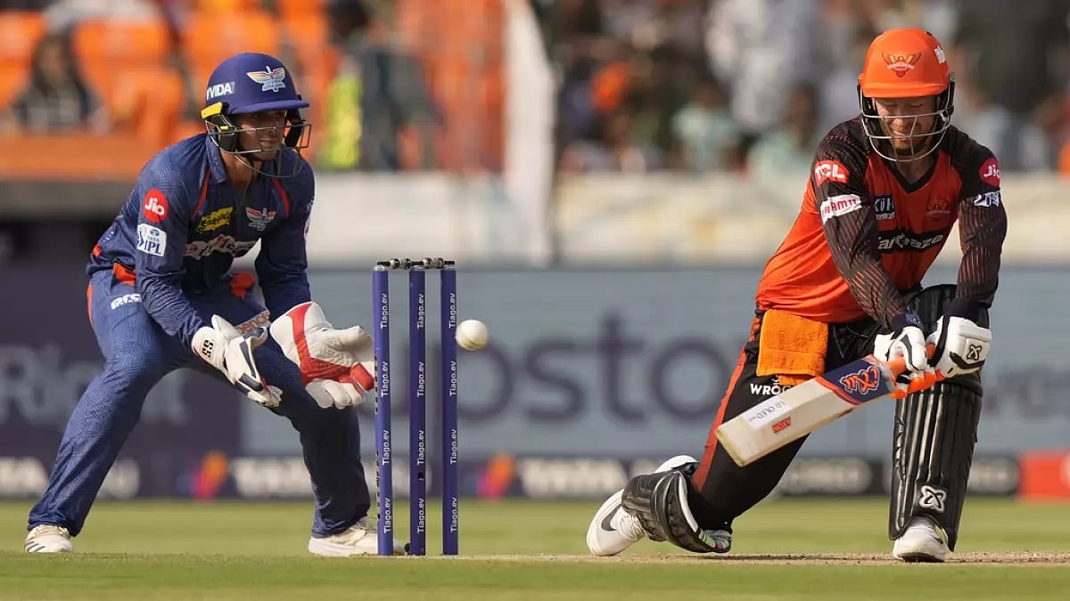 Klaasen plays a reverse-sweep against LSG in Hyderabad on Saturday.