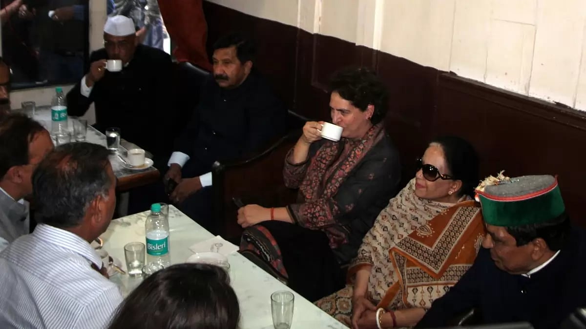 Congress leader Priyanka Gandhi Vadra sipping coffee at Indian Coffee House, Shimla, said to be the favourite place of Prime Minister Narendra Modi in Shimla.