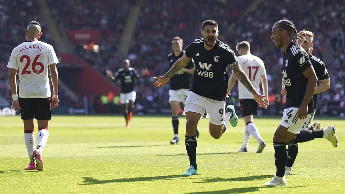 Mitrovic celebrates after scoring Fulham's second goal against Fulham on Saturday.