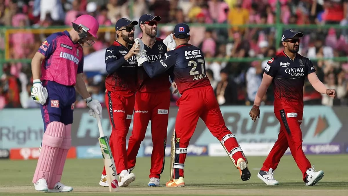 RCB players celebrate the wicket of Yashasvi Jaiswal in Jaipur on Sunday.