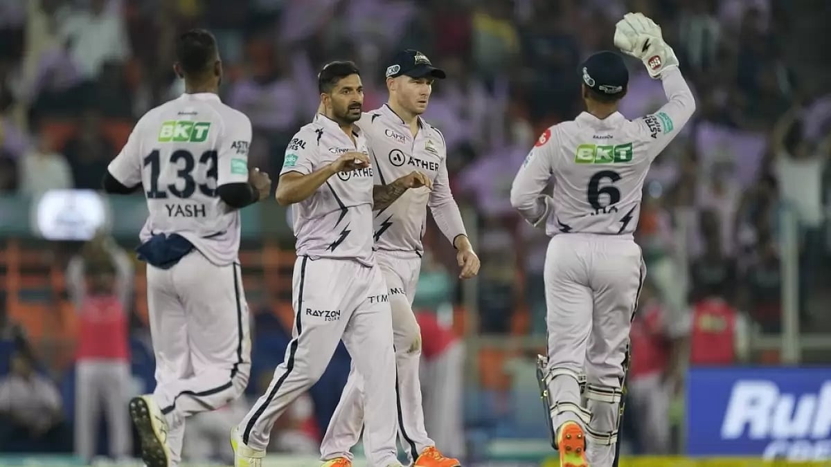 Mohit Sharma celebrates the wicket of Sanvir Singh in Ahmedabad on Monday.