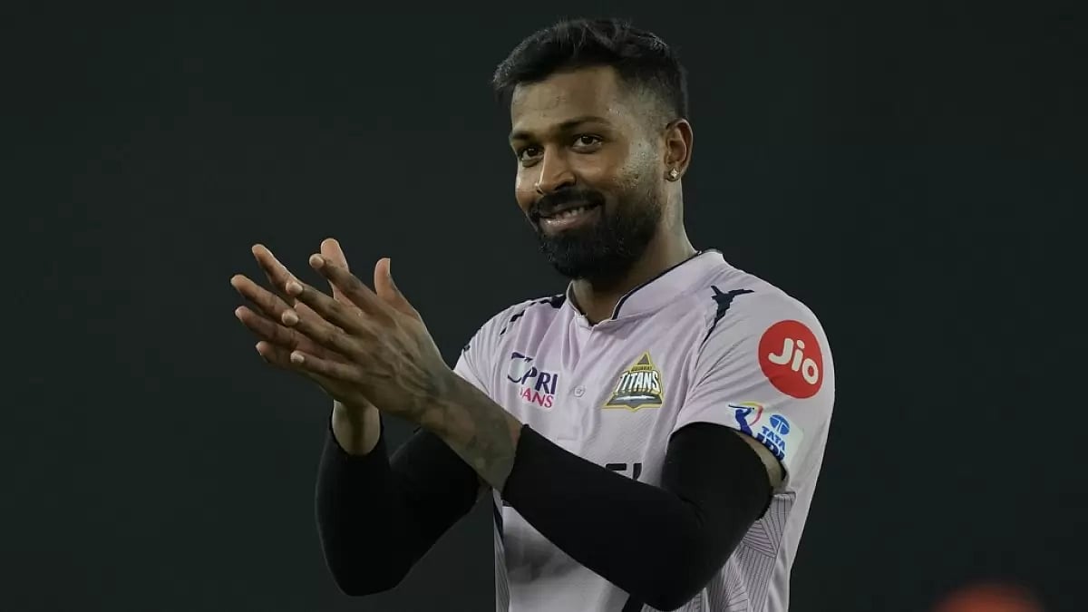 Pandya gestures towards the crowd during GT's match against SRH in Ahmedabad on Monday.