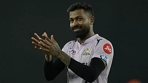 Pandya gestures towards the crowd during GT's match against SRH in Ahmedabad on Monday.