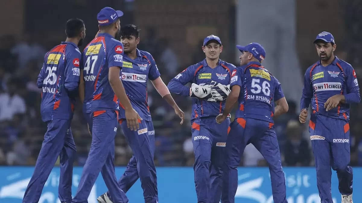 LSG players celebrate the wicket of Suryakumar Yadav in Lucknow on Tuesday.